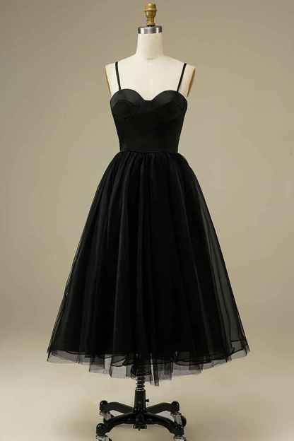 Black Tulle A-line Midi Simple Prom Dress