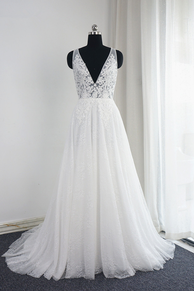 BMbridal Chic Tulle Lace Ruffles White Wedding Dress Sleeveless V-Neck Appliques Bridal Gowns On Sale-BMbridal