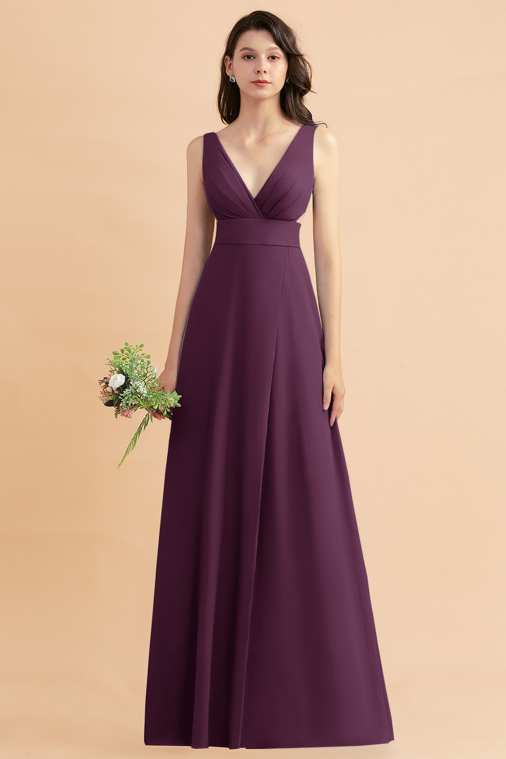 BMbridal A-Line Dusty Blue Chiffon Ruffles Bridesmaid Dress with Slit-BMbridal