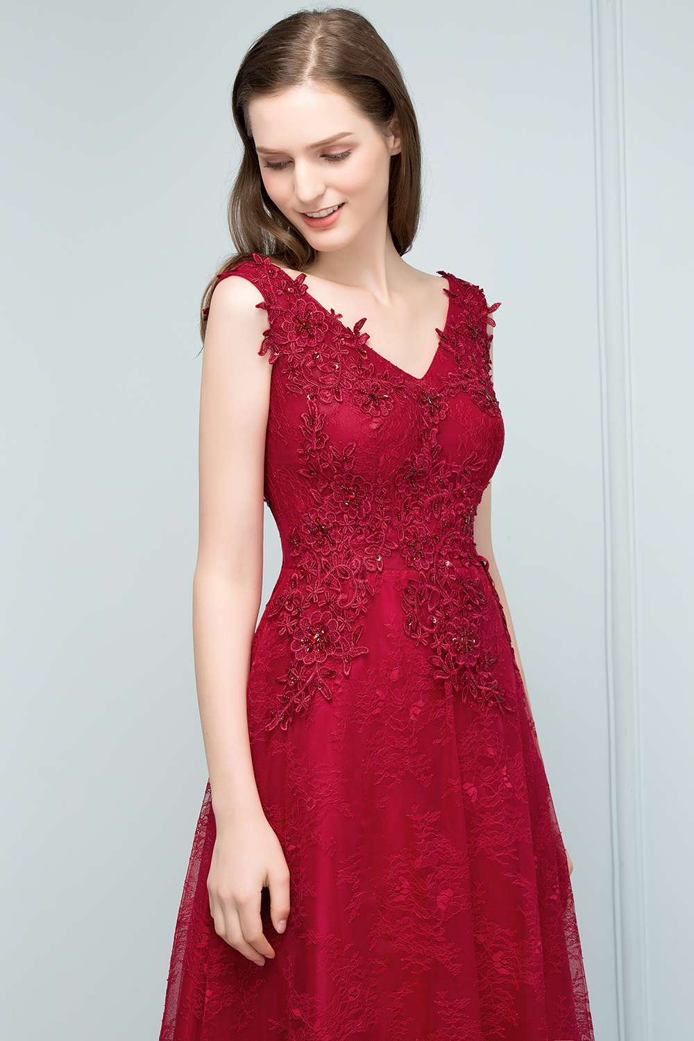 BMbridal Burgundy V-Neck Lace Prom Dress Long Evening Party Gowns With Appliques