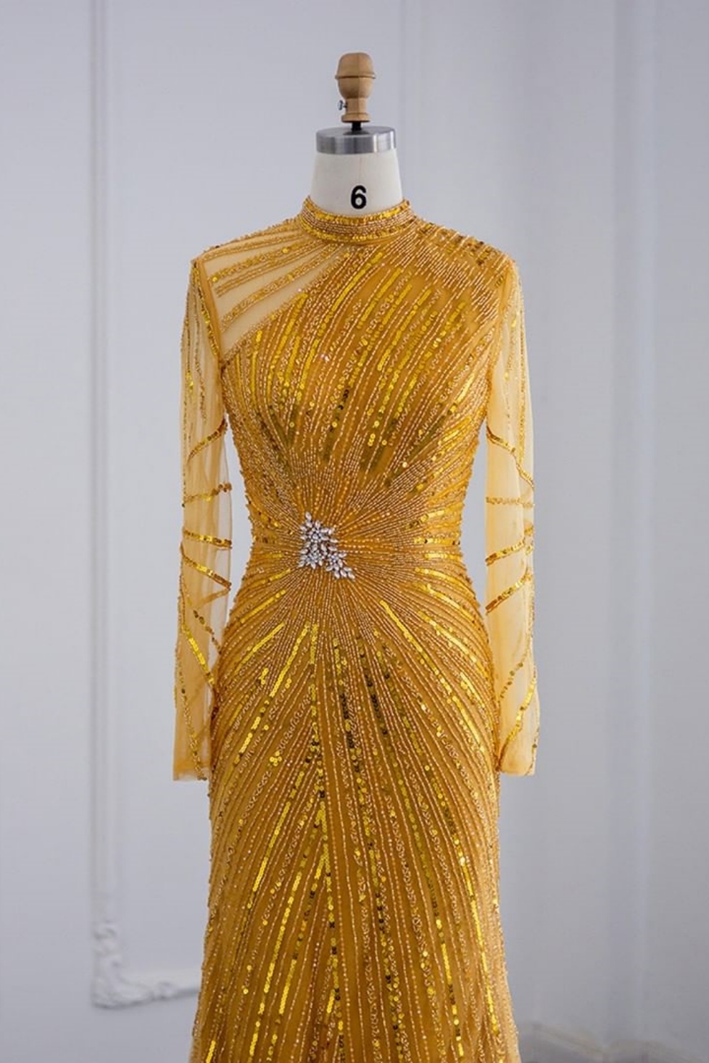 Bmbridal Yellow Floor-Length Long Sleeves High Neck Tulle Prom Dresses with Beadings