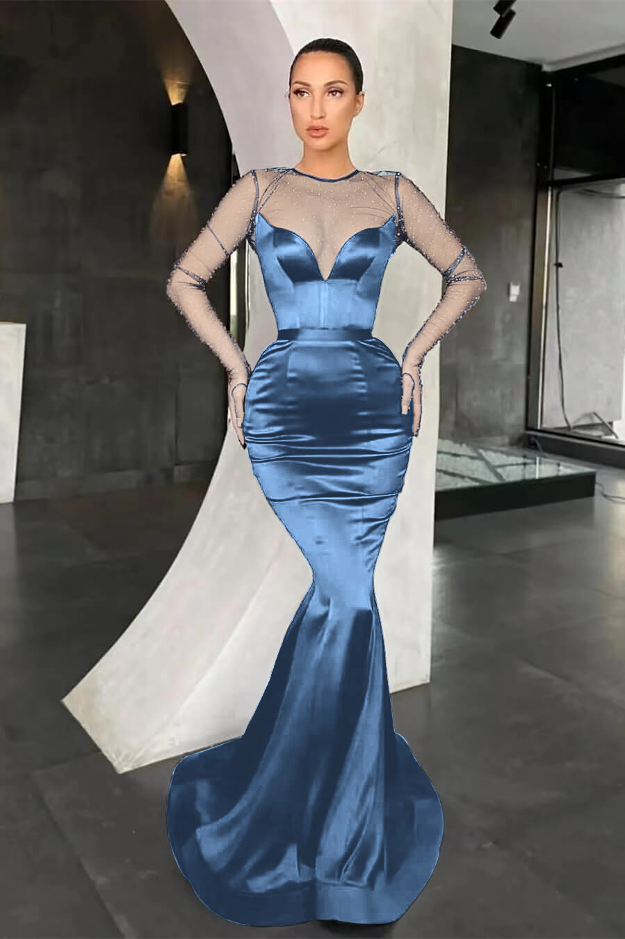 Black Mermaid Long Sleeves Pleated Long Prom Dress With Beads Online V Neck