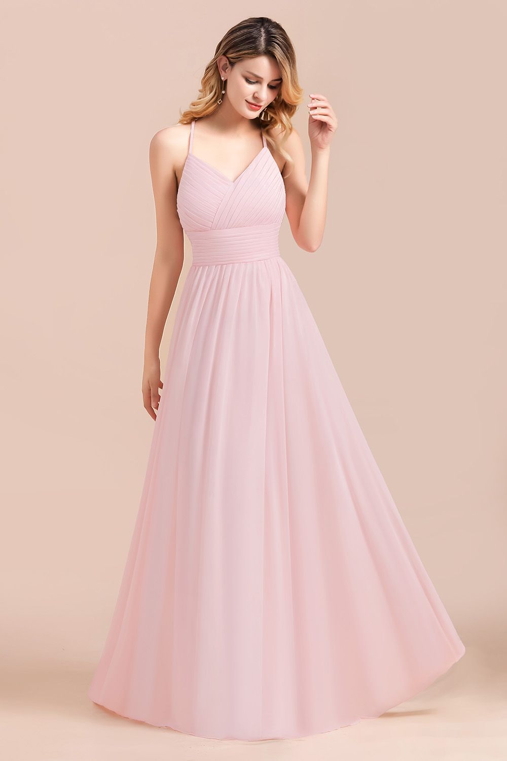 BMbridal Gorgeous Spaghetti Straps Ruffle Pink Chiffon Bridesmaid Dress Affordable-BMbridal