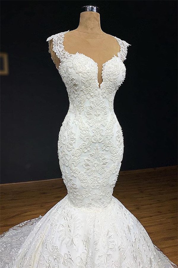 BMbridal Unique White Straps Mermaid Wedding Dresses With Appliques Tulle Ruffles Lace Bridal Gowns Online-BMbridal