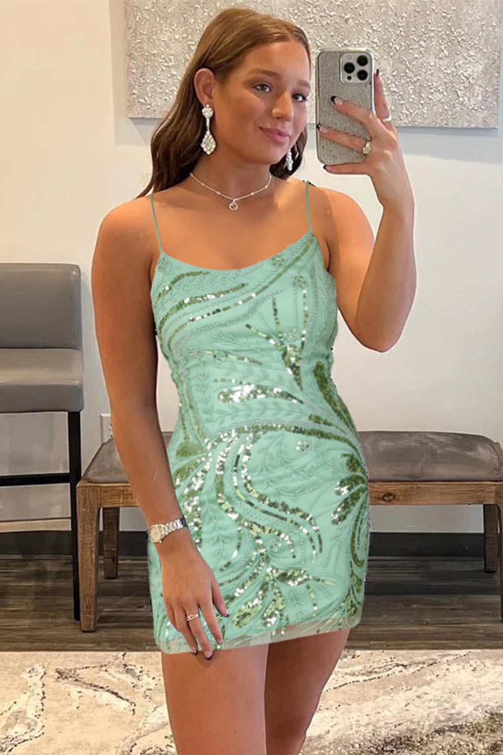 Glitter Green Sequins Tight Beaded Short Homecoming Dress-BMbridal