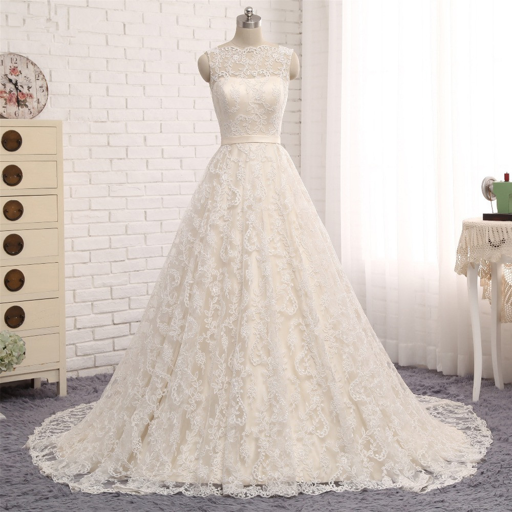BMbridal Chic Champagne Jewel Sleeveless Wedding Dresses A-line Lace Bridal Gowns With Appliques On Sale-BMbridal