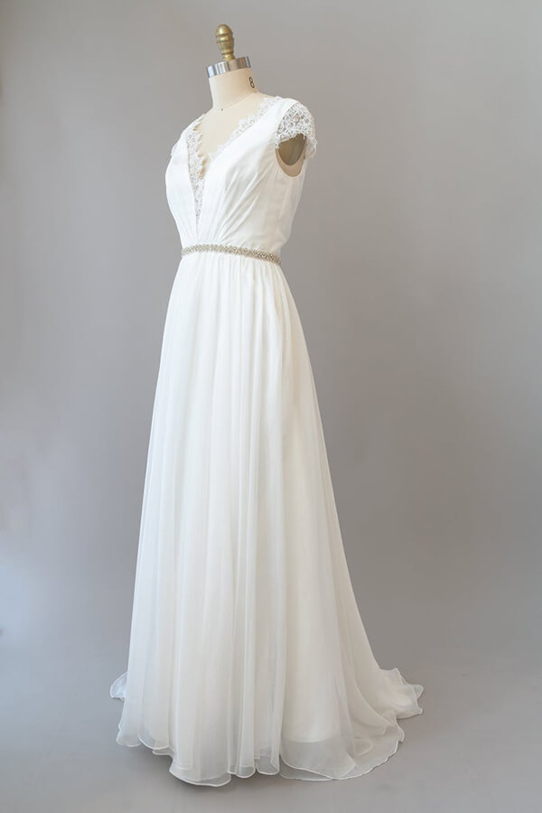 BMbridal Cap Sleeve V-neck Lace Chiffon Sheath Wedding Dress Online-BMbridal