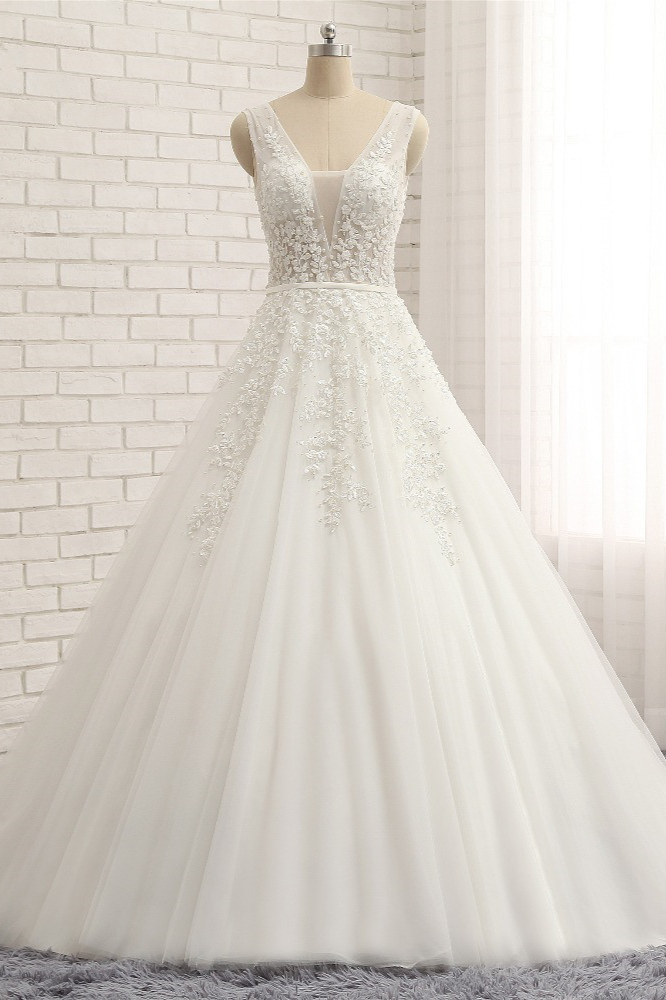 BMbridal Gorgeous Straps Sleeveless White Wedding Dresses With Appliques A-line Tulle Ruffles Bridal Gowns Online-BMbridal