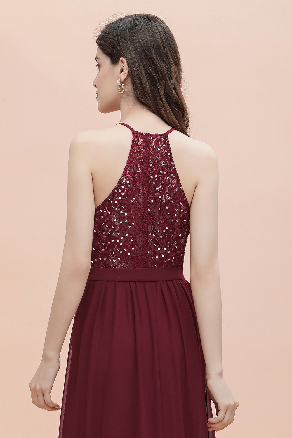 BMbridal A-Line Lace Burgundy Bridesmaid Dress Lace Sequins Sleeveless Evening Dress
