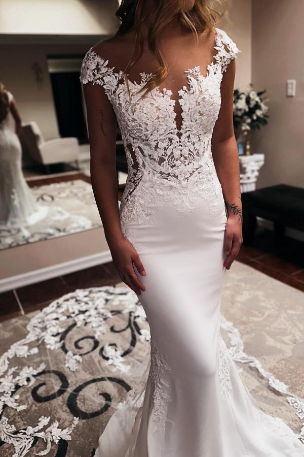 Bmbridal Cap Sleeves Wedding Dresses Mermaid Long Online-BMbridal