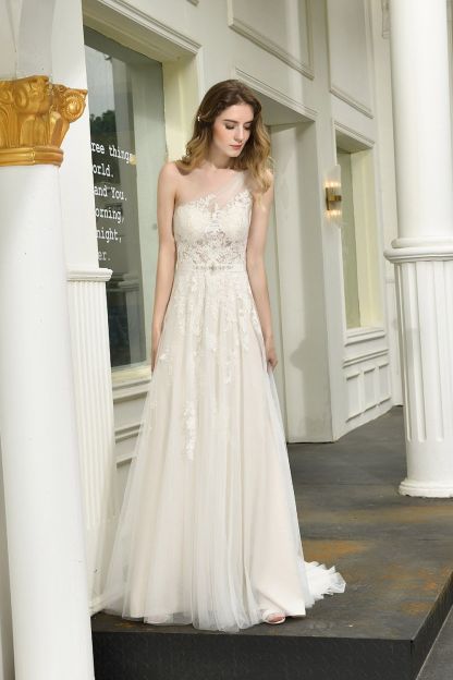 BMbridal Sexy A-Line One Shoulder Tulle Lace Ivory Wedding Dress Online