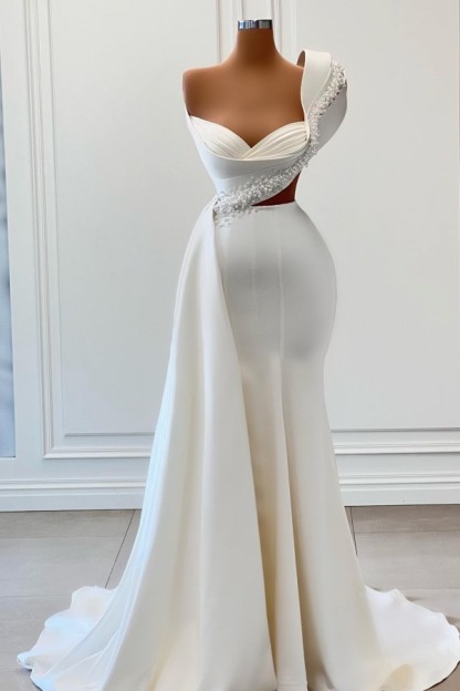 Bmbridal One Shoulder White Mermaid Prom Dress Long With Pearls