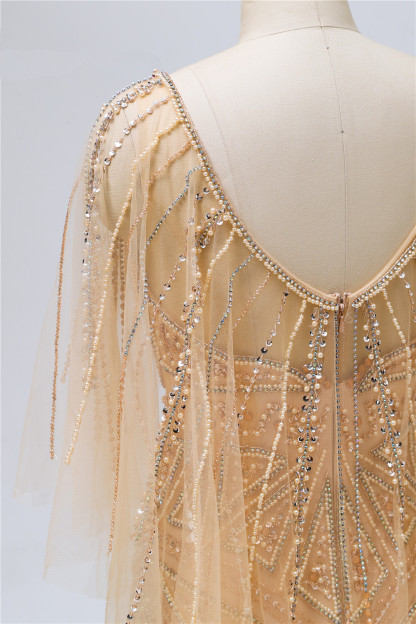 BMbridal Elegant Tulle Beadings Gold Mermaid Prom Dresses Short Sleeves Rhinestones Evening Dresses Online-BMbridal