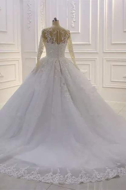 Stylish Long Sleeves Bateau Lace A-Line Wedding Dress with Tulle Pearl Appliques