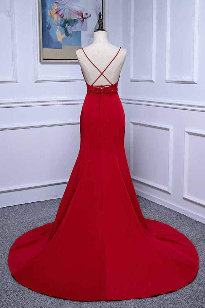 BMbridal Elegant V-Neck Burgundy Prom Dresses Spaghetti Straps with Beadings Sash