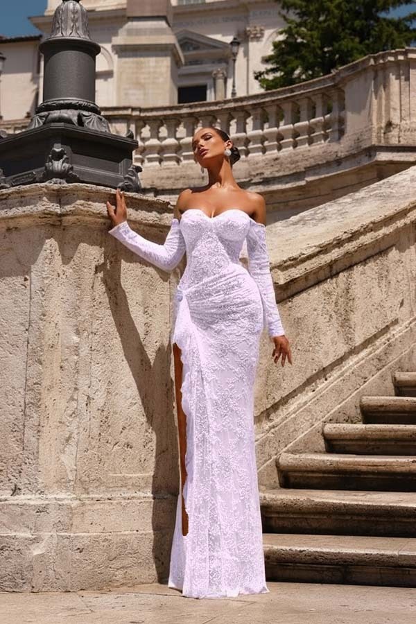 Off the Shoulder Long Sleeves Long Mermaid Prom Dress With Lace Appliques