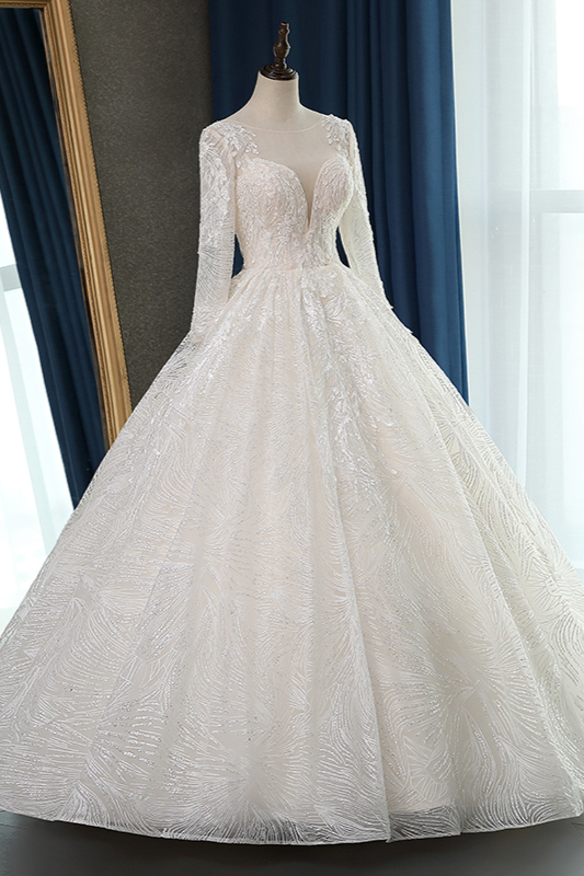 BMbridal Glamorous Ball Gown Jewel Appliques Wedding Dress Long Sleeves Bridal Gowns Online