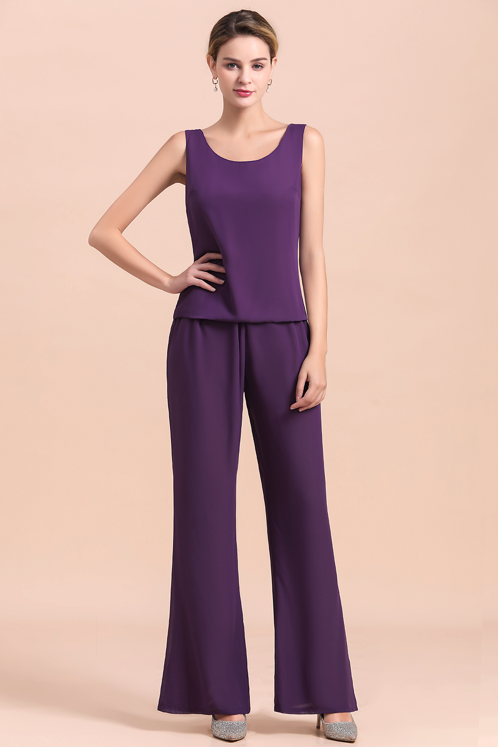 BMbridal Affordable Straps Beading Grape Chiffon Mother of Bride Jumpsuit Online with Wrap-BMbridal