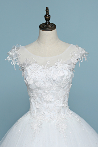 BMbridal Chic Jewel Tulle Lace White Wedding Dress Sleeveless Appliques Bridal Gowns with Flowers Online-BMbridal