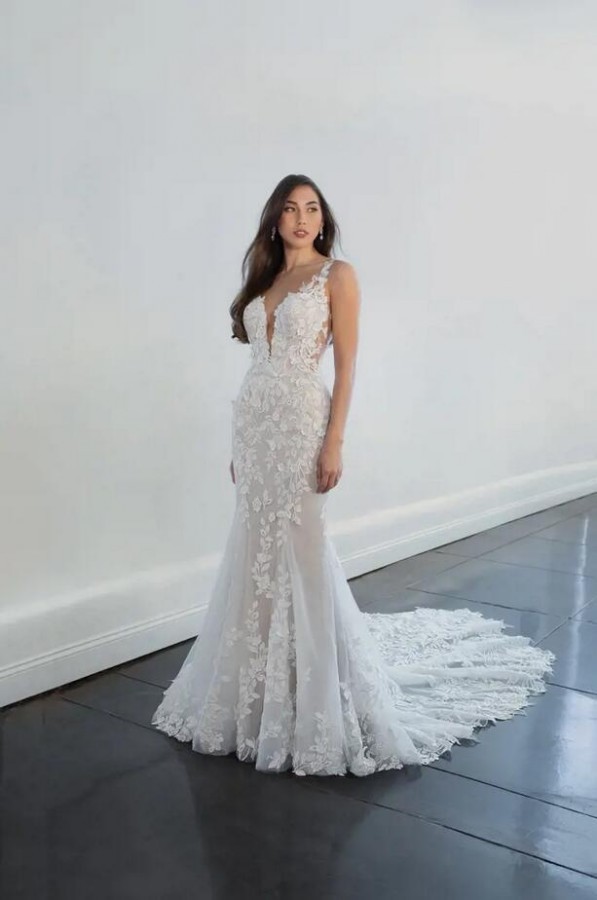 Bmbridal Lace Wedding Dress Sleeveless Mermaid Long V-Neck-BMbridal