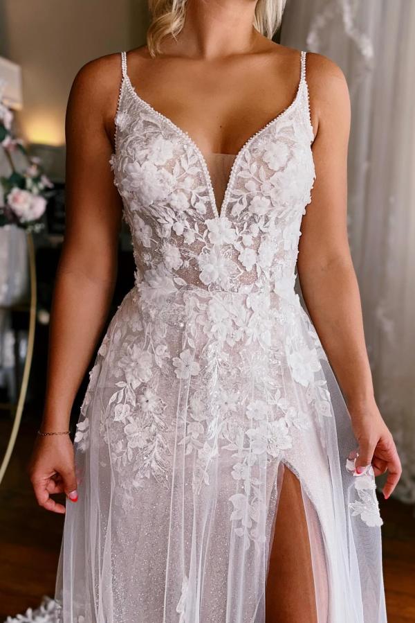 Bmbridal Spaghetti-Straps Sleeveless Wedding Dress A-Line With Appliques-BMbridal