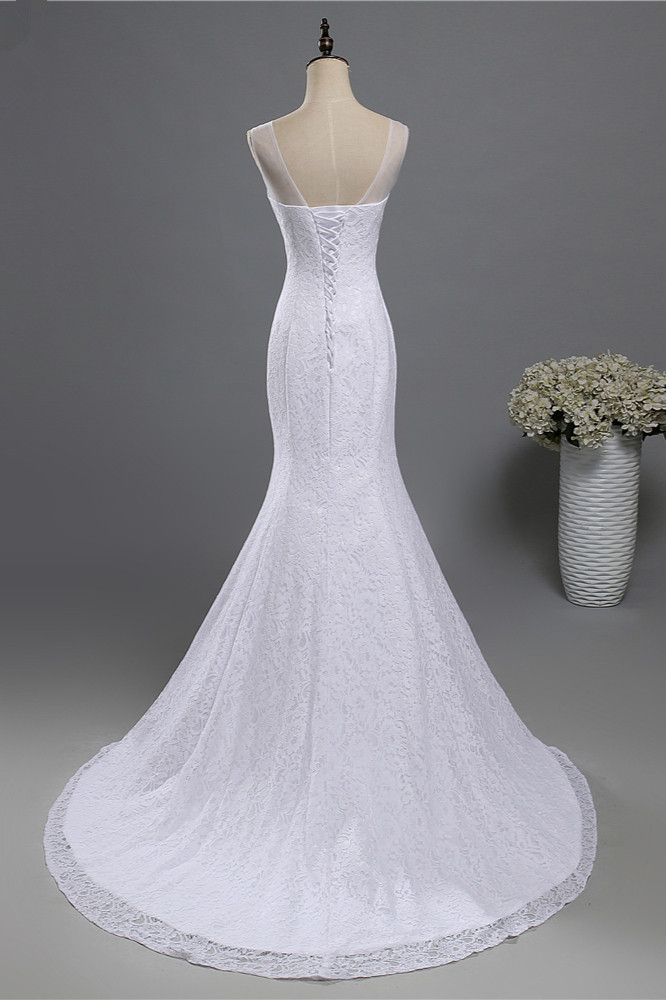 BMbridal Affordable Jewel Lace Sequins Mermaid Wedding Dress Sleeveless Appliques Bridal Gowns with Crystals-BMbridal
