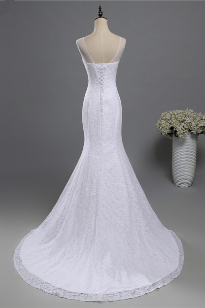 BMbridal Affordable Jewel Lace Sequins Mermaid Wedding Dress Sleeveless Appliques Bridal Gowns with Crystals-BMbridal
