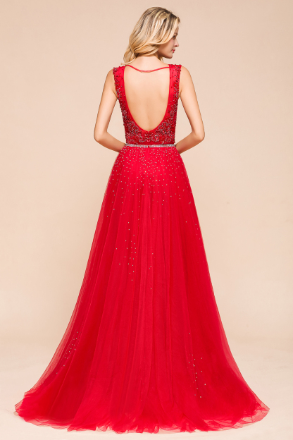 BMbridal Detachable Red V-Neck Long Prom Dress Sleeveless Beadings Tulle Evening Gowns