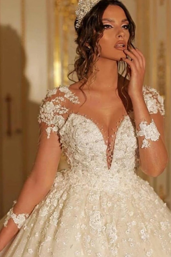 Elegant Long Sleeves Sweetheart Floor-Length Wedding Dress Lace with Appliques Tulle