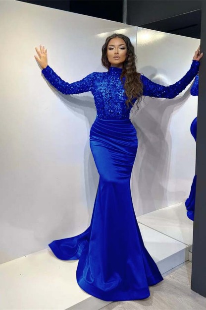 Classic Red Long Mermaid Prom Dress Pleated With Long Sleeves