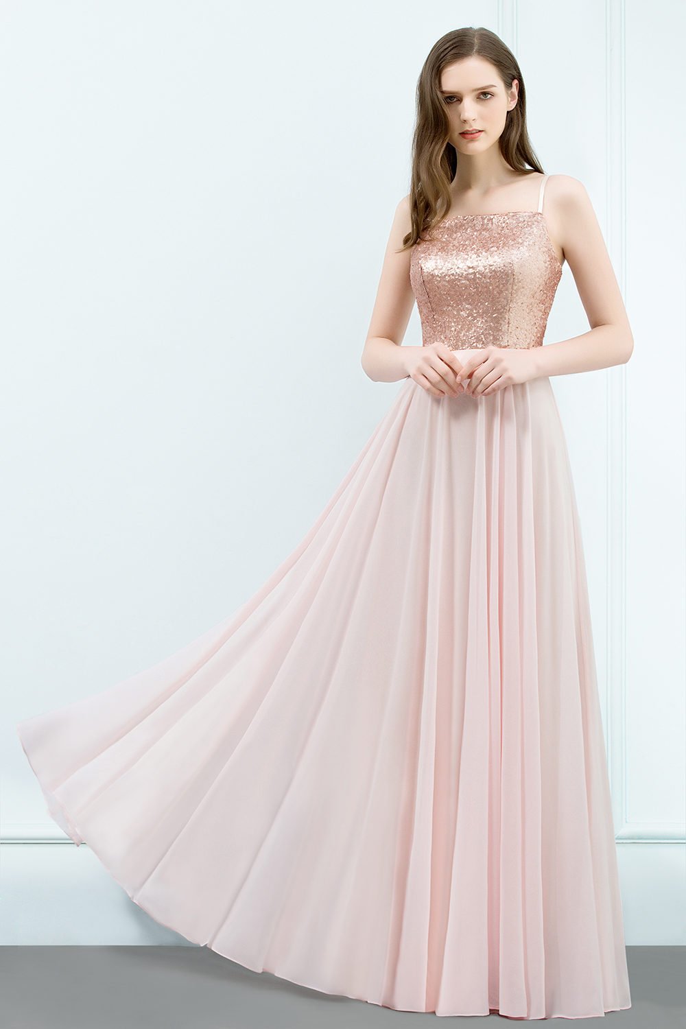 BMbridal A-line Floor Length Spaghetti Sequined Top Chiffon Prom Dress
