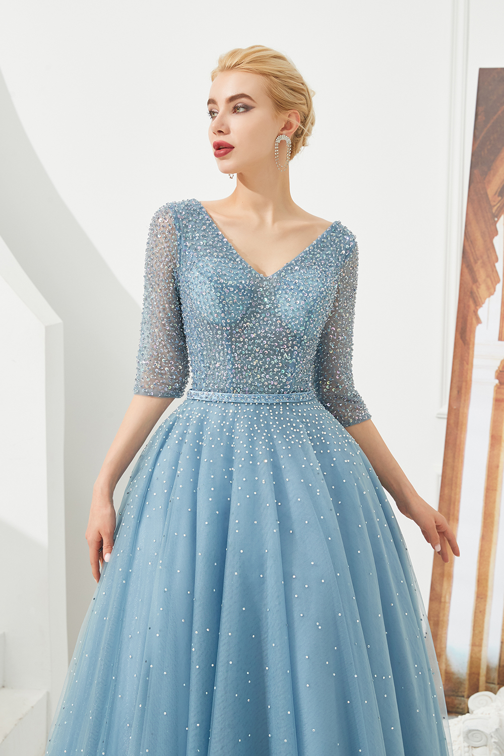 BMbridal Dusty Blue V-Neck Half-Sleeve Prom Dress Long With Beadings Lace-up
