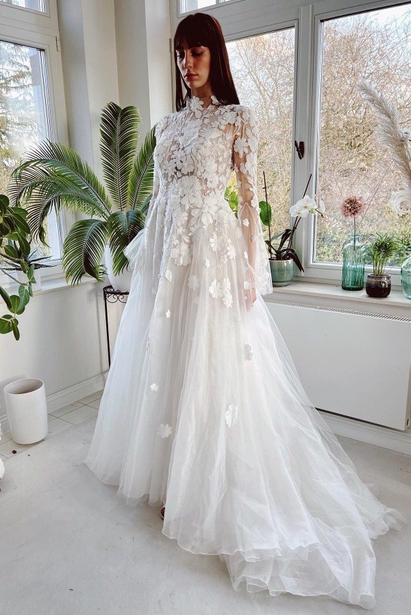 Bmbridal High Neck Long Sleeves Wedding Dress Princess With Appliques-BMbridal