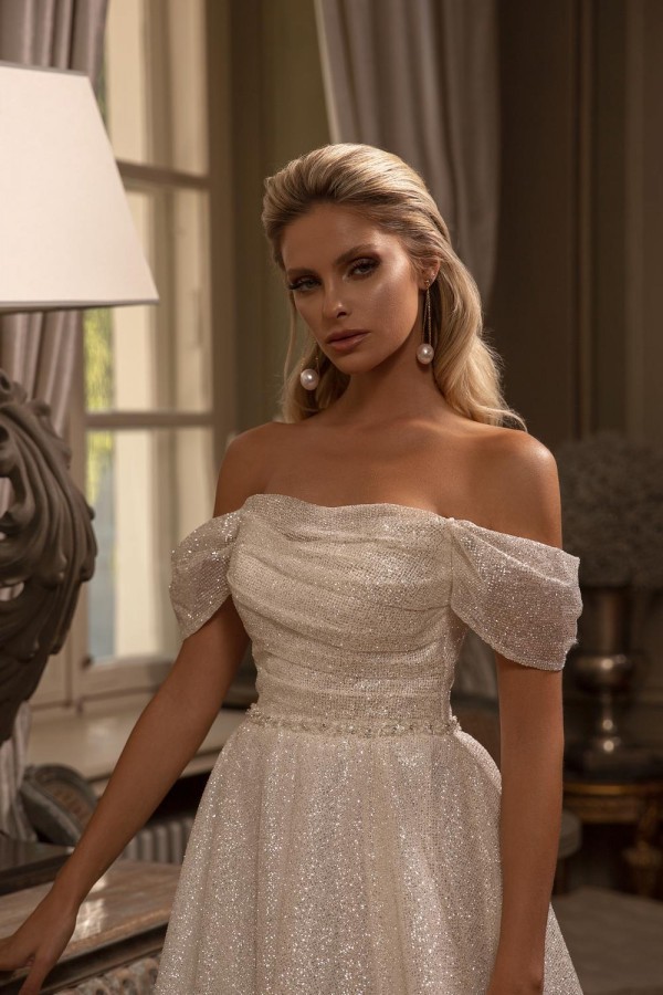 Bmbridal Off-the-Shoulder Sequins Wedding Dresses Long With Pleats-BMbridal
