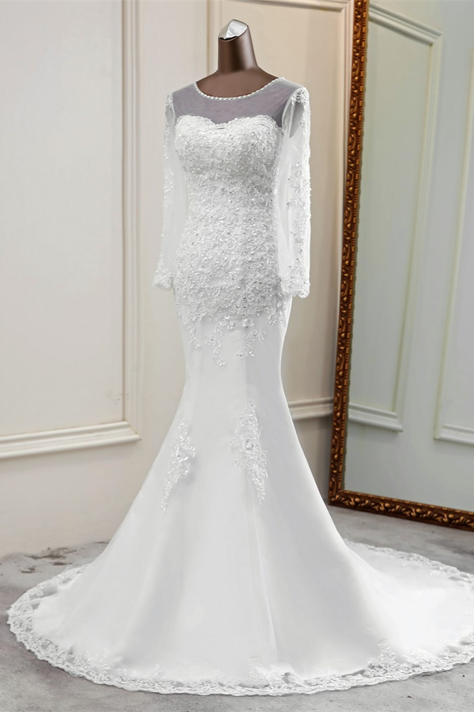 BMbridal Elegant Jewel Long Sleeves White Mermaid Wedding Dresses with Rhinestone Applqiues