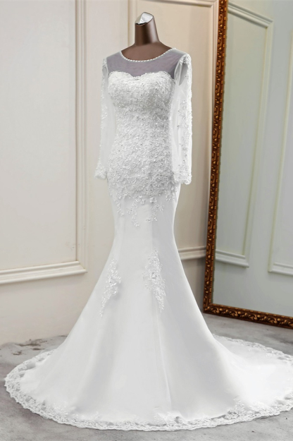 BMbridal Elegant Jewel Long Sleeves White Mermaid Wedding Dresses with Rhinestone Applqiues