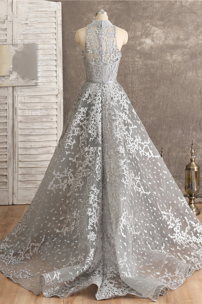 BMbridal Gorgeous High-Neck Tulle Lace Prom Dresses Sleeveless Appliques Rhinestones Formal Party Dresses On Sale-BMbridal