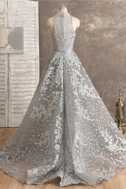 BMbridal Gorgeous High-Neck Tulle Lace Prom Dresses Sleeveless Appliques Rhinestones Formal Party Dresses On Sale-BMbridal