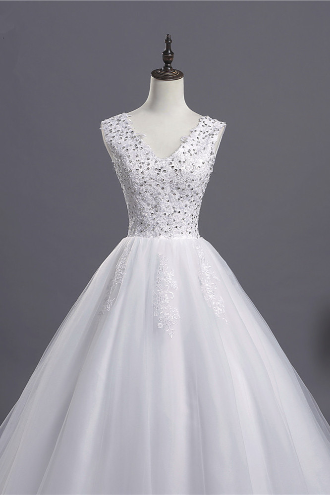 BMbridal Glamorous V-Neck Sequins White Tulle Wedding Dress Sleevels Lace Appliques Bridal Gowns On Sale-BMbridal