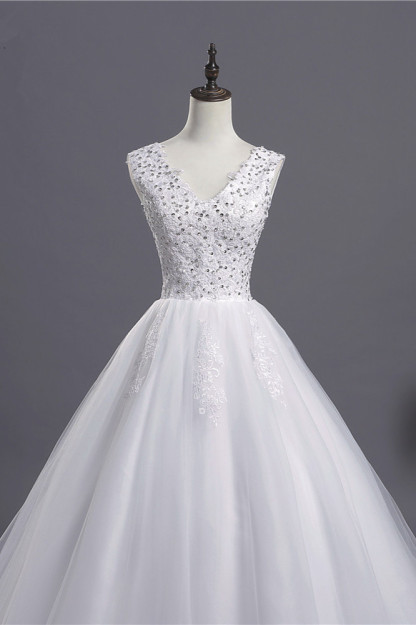 BMbridal Glamorous V-Neck Sequins White Tulle Wedding Dress Sleevels Lace Appliques Bridal Gowns On Sale-BMbridal