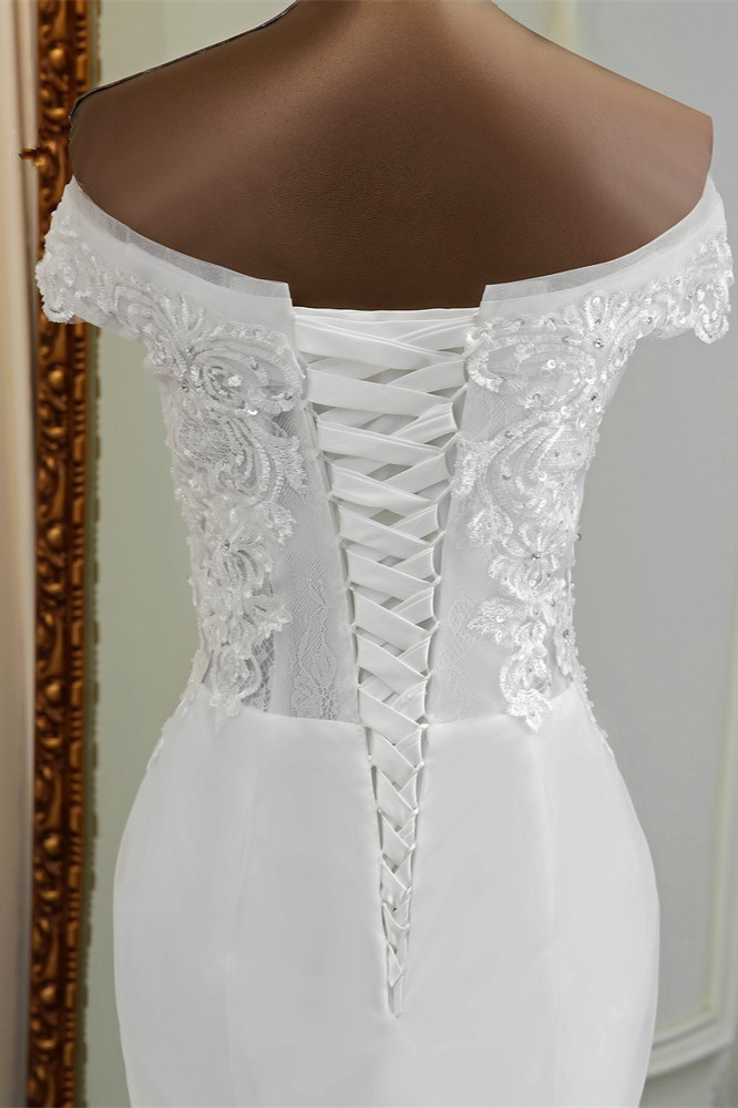 BMbridal Elegant Off-the-Shoulder Sleeveless White Mermaid Wedding Dresses with Beadings
