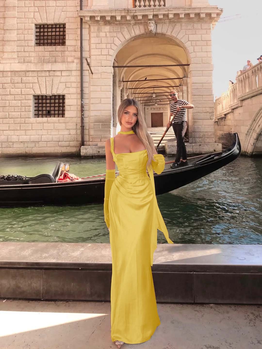 Spaghetti Strap Sleeveless Long Mermaid Prom Dress With Gloves