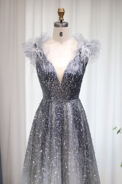 Bmbridal A-Line Tulle V-Neck Floor-Length Sleeveless Prom Dresses with Sequins