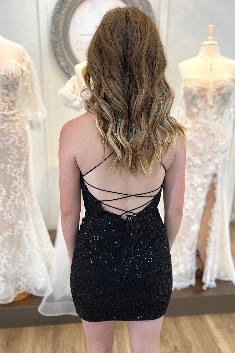 Black Spaghetti Straps Sequins Backless Tight Homecoming Dress-BMbridal