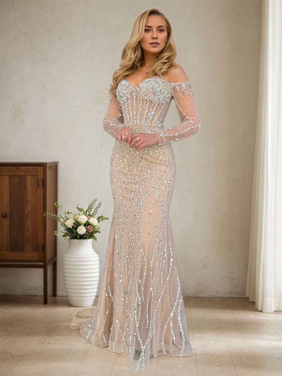 Sparkly Champagne Mermaid Off the Shoulder Long Prom Dress With Corset