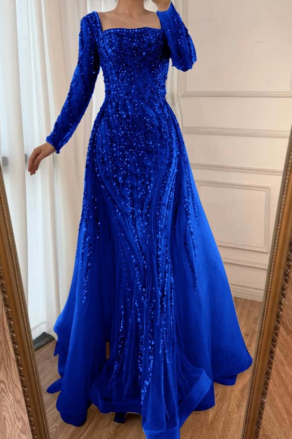 Square Neck Long Sleeves Long Mermaid Prom Dress With Beading Tulle