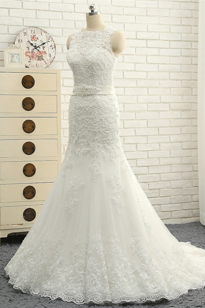 BMbridal Stylish Jewel Sleeveless Mermaid Wedding Dresses White Lace Bridal Gowns With Appliques On Sale-BMbridal
