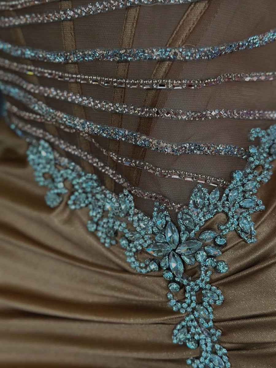 Gold Liquid Beaded Bodice Satin Prom Dress with Slit