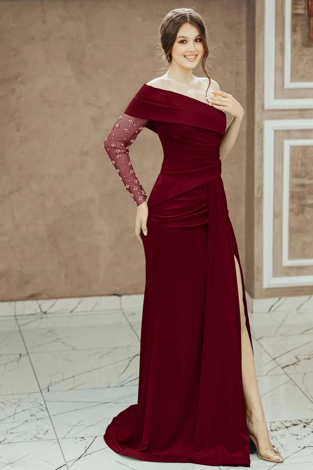 Red Beadings One Shoulder Pleated Prom Dress Split Mermaid With Long Sleeve