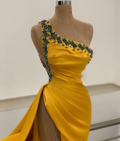 BMbridal One Shoulder Long Prom Dress Split With Beads